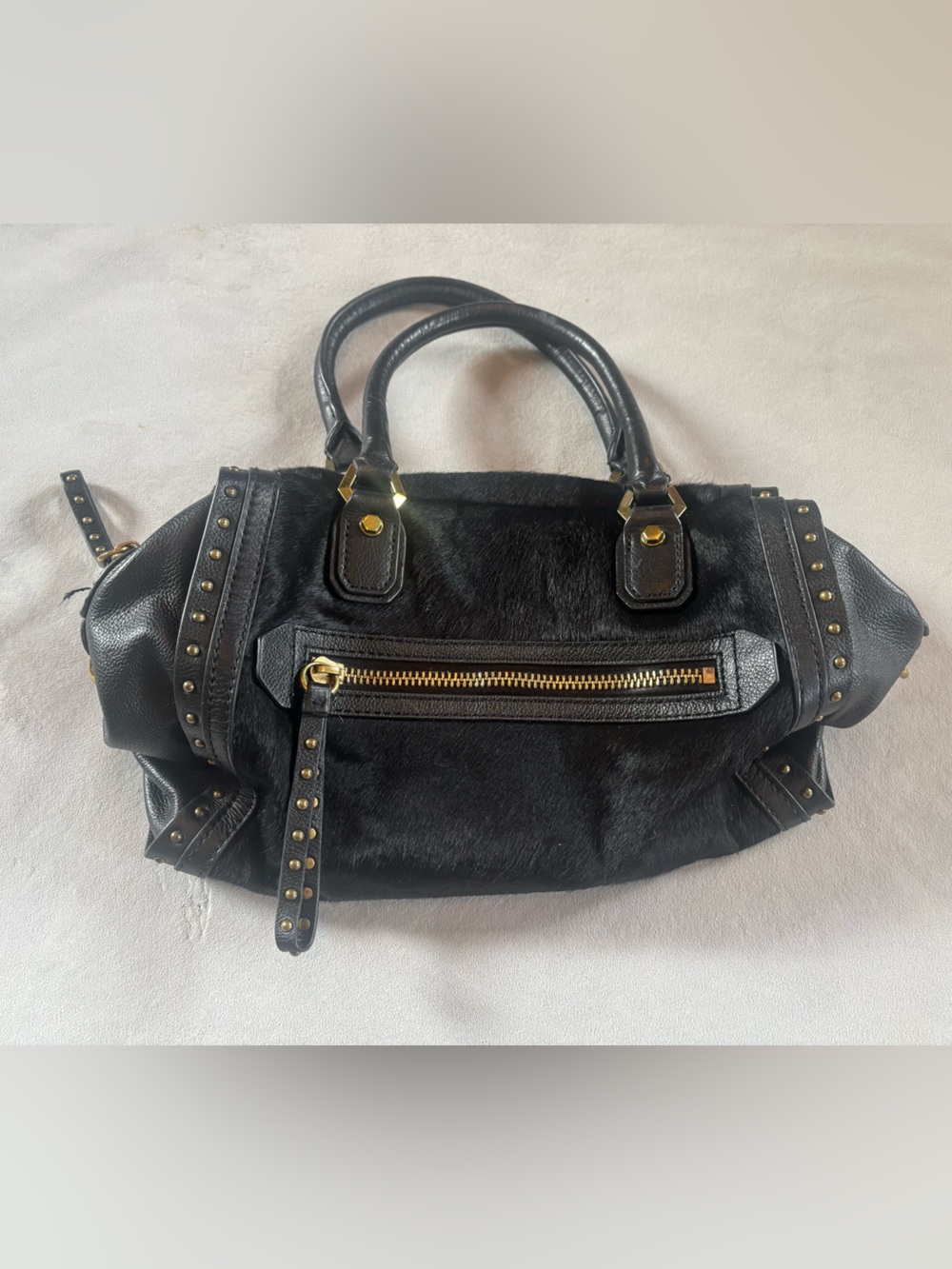 orYANY Brenda Black Calf Hair Leather Studded Satchel Bag